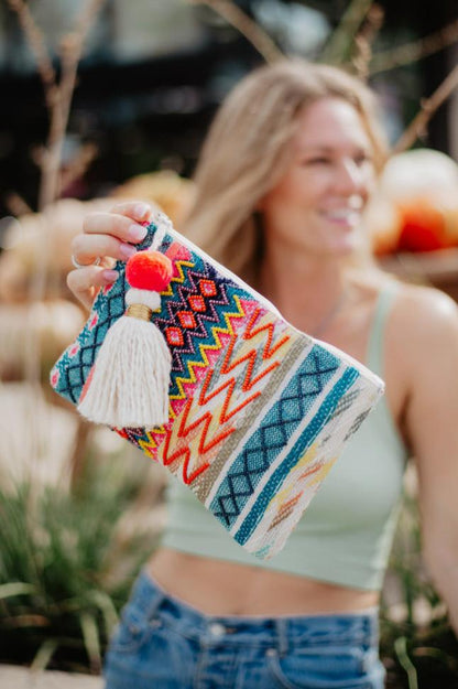 Multicolored Pocket Book with Frill and Pom Pom Tassel